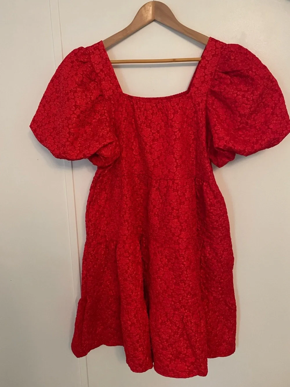 Southern Grace Jasmine Bright Red Puff-Sleeve Tiered Baby Doll Dress Size L - Picture 2 of 10